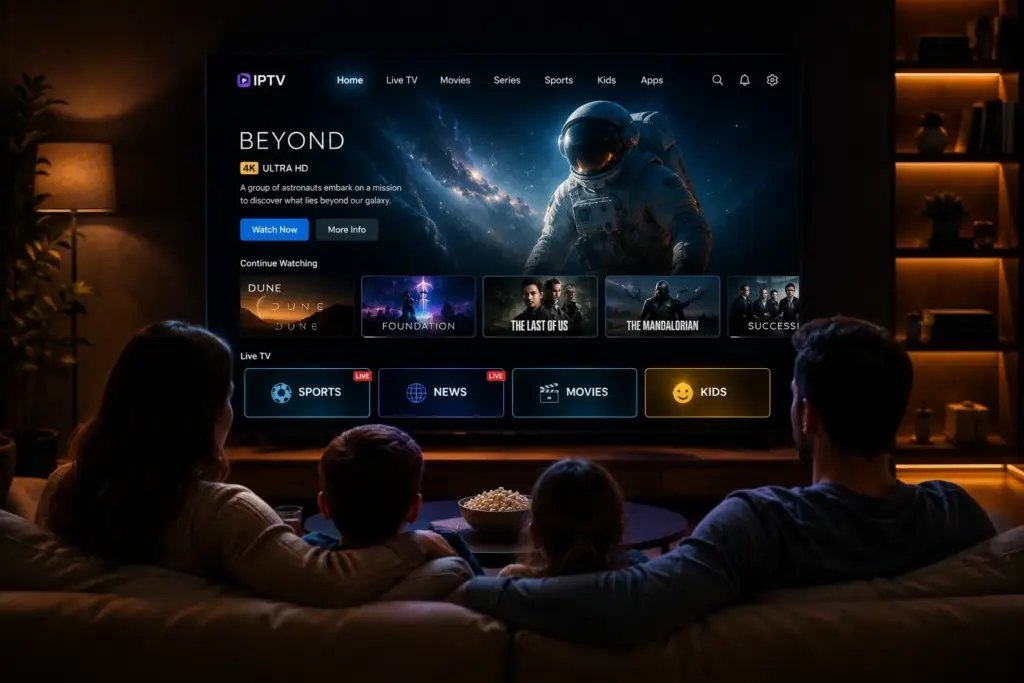 best iptv app A sleek, modern living room at night, a large bezel-less Smart TV glowing with a colorful, modern grid-based IPTV streaming interface. Cinematic lighting, luxurious home theater setup, dark background, 8k resolution, photorealistic.
