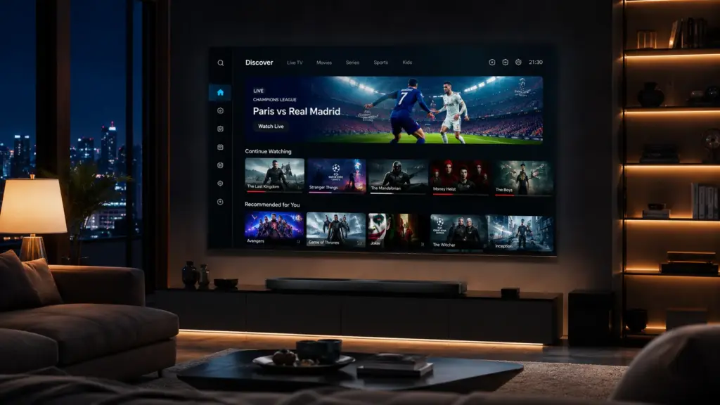 best iptv app Close-up of a hand holding a modern TV remote, pointing at a glowing 4K television screen showing a high-tech electronic program guide (EPG). Dark premium aesthetic, neon blue and gold UI elements, shallow depth of field.