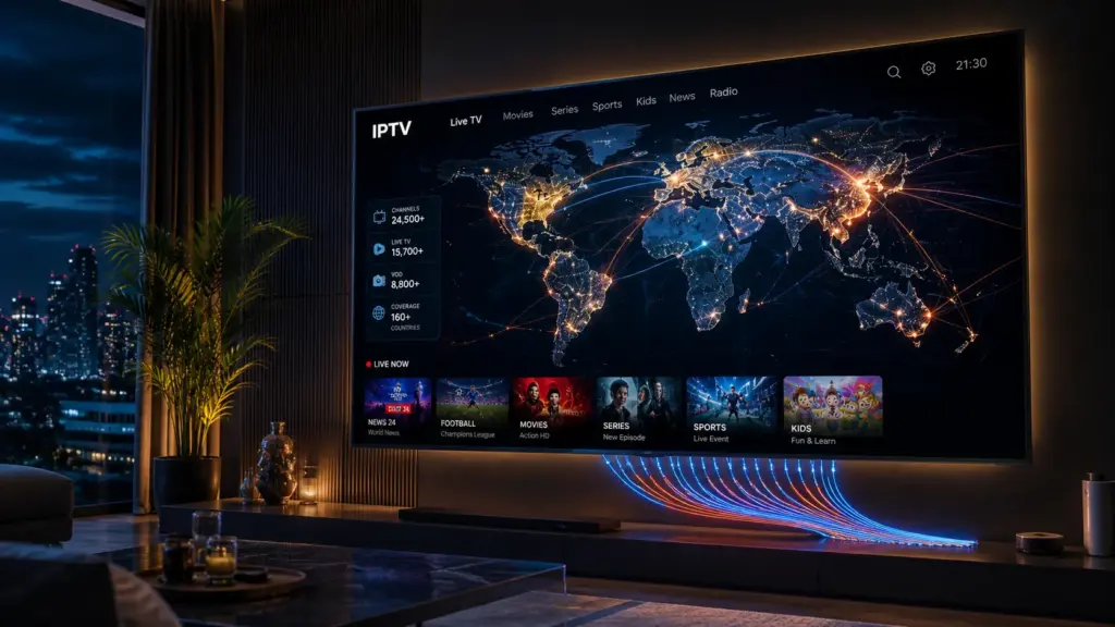 best iptv service A wall-mounted OLED TV displaying an abstract, high-tech global channel map, glowing fiber optic cables connecting to it. Dark background, premium tech vibe, hyper-realistic, 8k render.
