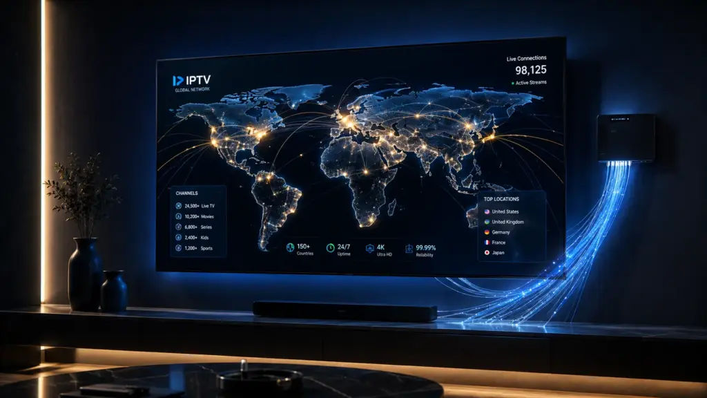 A wall-mounted OLED TV displaying an abstract, high-tech global channel map, glowing fiber optic cables connecting to it. Dark background, premium tech vibe, hyper-realistic, 8k render.