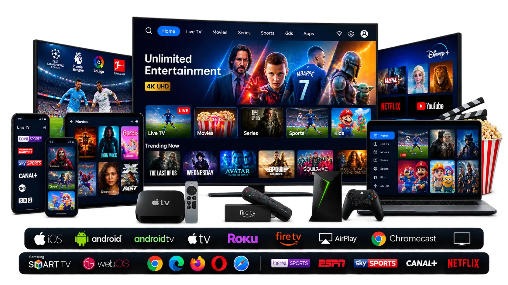 World TV interface on a 4K screen showcasing the best iptv service for premium iptv streaming.